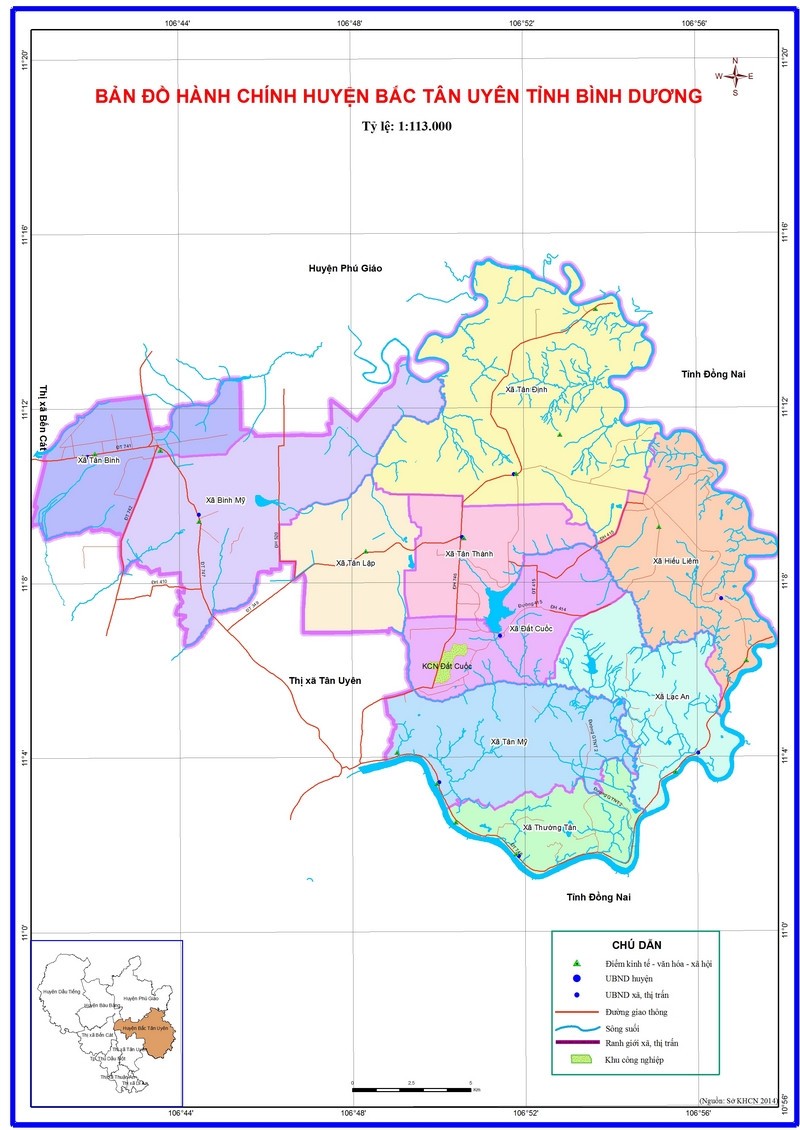 Bản đồ thể hiện các xã, thị trấn huyện Bắc Tân Uyên